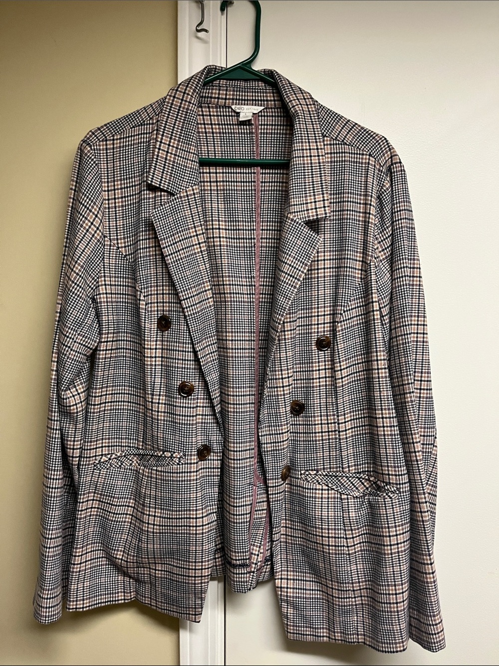 Plaid Double-Breasted Blazer in Navy, Tan & Mauve